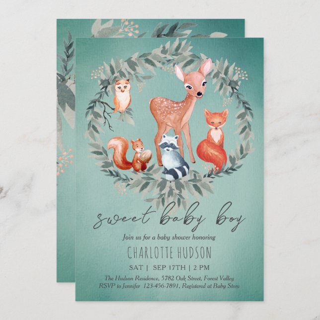 Animaux de bois Baby shower Invitation garçon (Devant / Derrière)