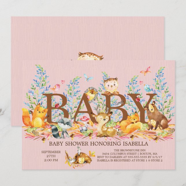Animaux de bois Filles Baby shower Invitation (Devant / Derrière)