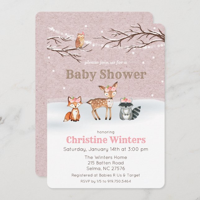 Animaux de bois Invitation Baby shower fille (Devant / Derrière)
