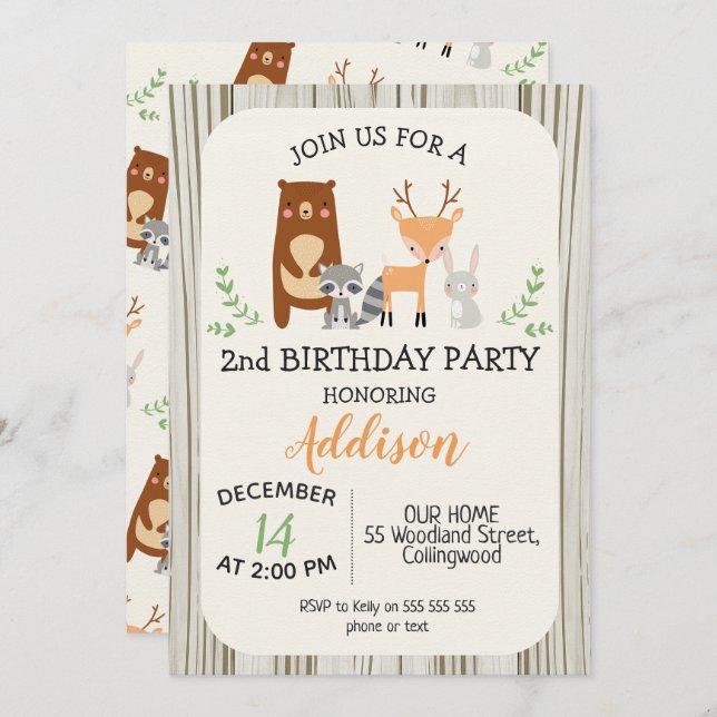 Animaux de bois mignons Invitation d'anniversaire (Devant / Derrière)