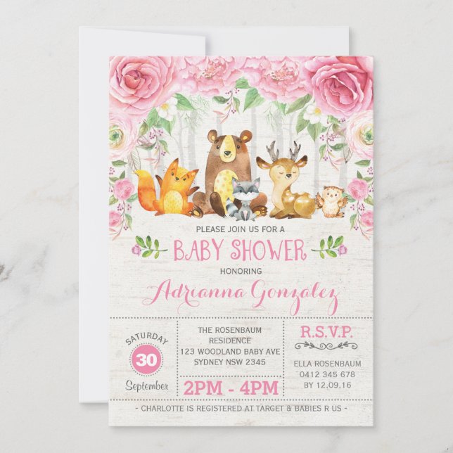 Animaux de bois rose Floral Baby shower Invitation (Devant)