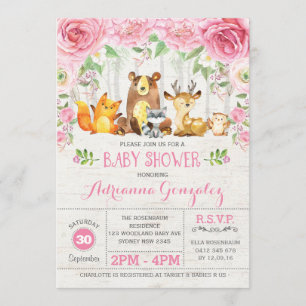 Animaux de bois rose Floral Baby shower Invitation