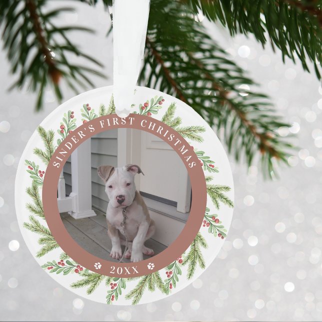 Animaux de compagnie Chien chiot Premier Noël 2 Ph (Pet Puppy Dog First Christmas 2 Photos Greenery Ornament)