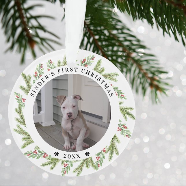 Animaux de compagnie Chien chiot Premier Noël 2 Ph (Pet Puppy Dog First Christmas 2 Photos Greenery Ornament)