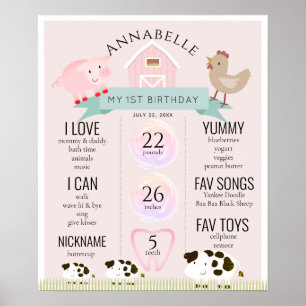 Animaux de ferme1er Anniversaire Jalon Poster rose