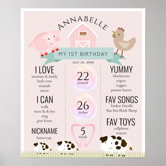 Animaux de ferme1er Anniversaire Jalon Poster rose (Devant)