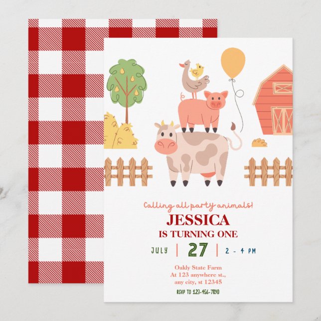 Animaux de ferme 1ère invitation d'anniversaire (Devant / Derrière)