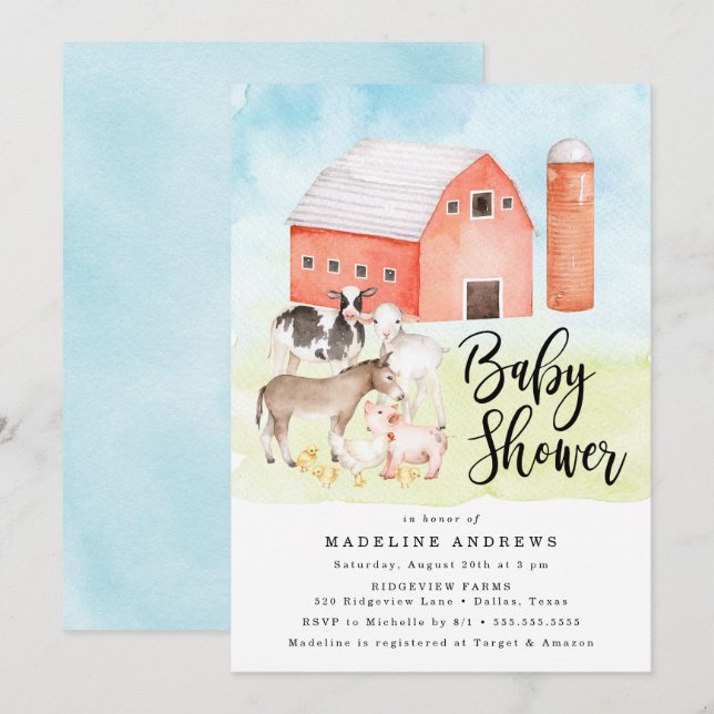 Animaux de ferme à l'aquarelle | Invitation à une  (Devant / Derrière)