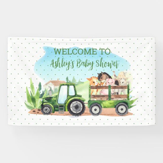 Animaux de ferme Bannière Baby shower tracteur ver (Horizontal)