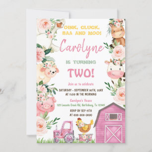 Animaux de ferme Fille rose Invitation d'anniversa