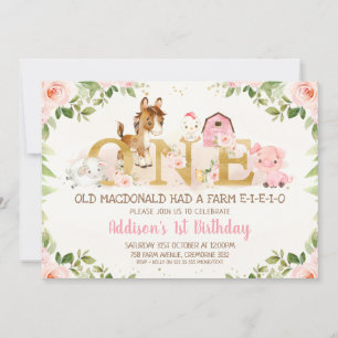 Animaux de ferme floraux roses Invitation d'annive