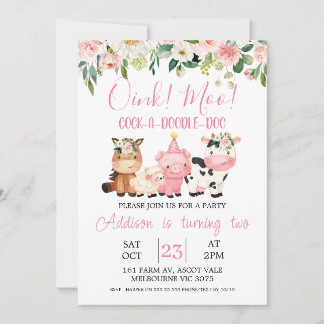 Animaux de ferme floraux roses Invitation d'annive (Devant)