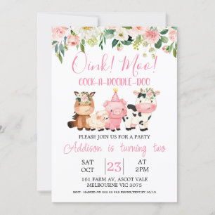 Animaux de ferme floraux roses Invitation d'annive