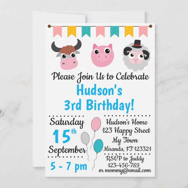 Animaux de ferme Invitations d'anniversaire (Devant)