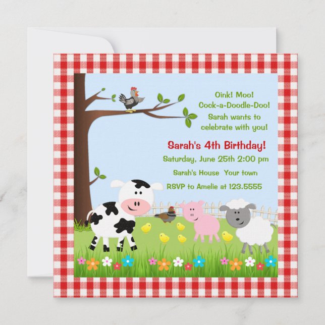 Animaux de ferme mignons Invitations de fête d'ann (Devant)