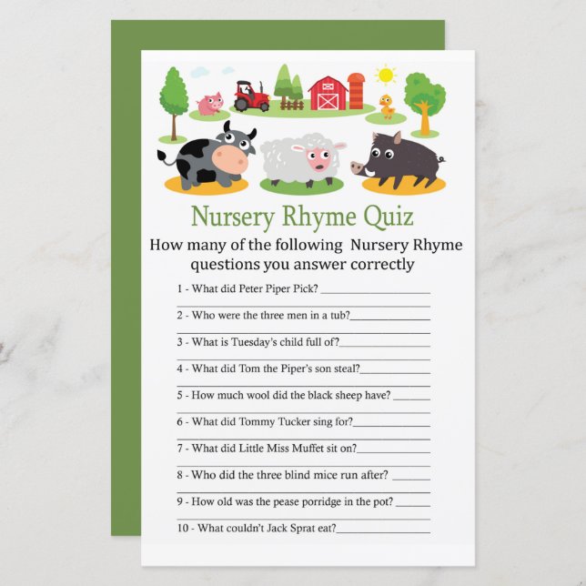 Animaux de ferme Nursery Rhyme Quiz jeu de baby sh (Devant / Derrière)