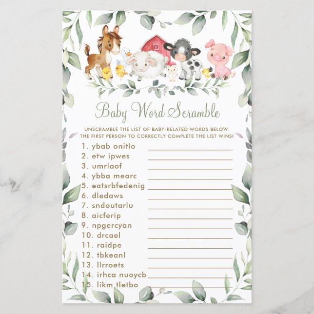 Animaux de ferme Verdure Baby shower Word Scramble (Devant)
