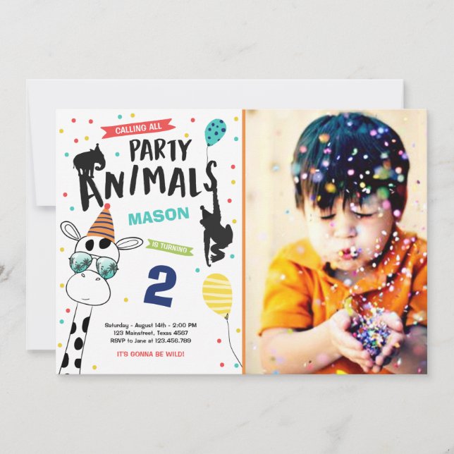 Animaux de fête Invitation Anniversaire Zoo sauvag (Devant)