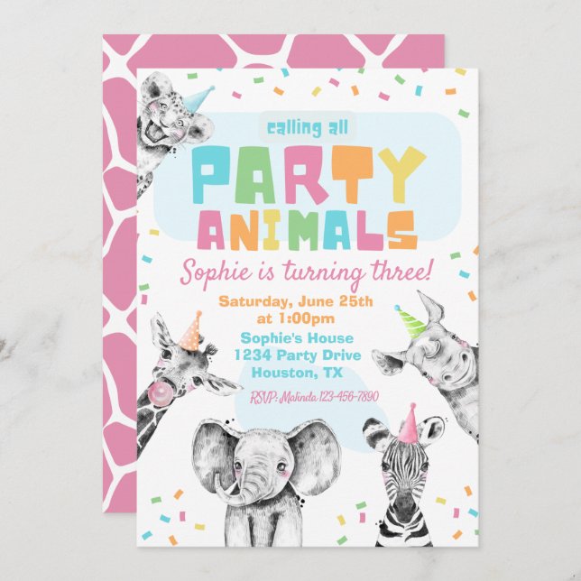 Animaux de fête Invitation d'anniversaire | Animau (Devant / Derrière)