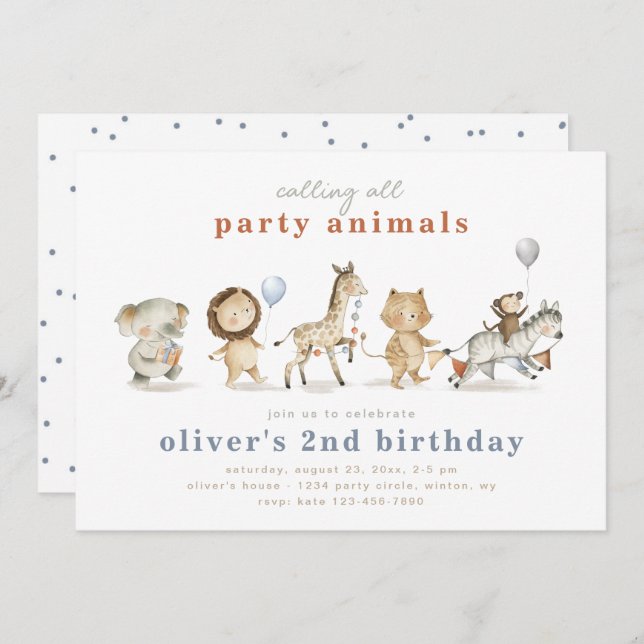 Animaux de fête Invitation d'anniversaire | Animau (Devant / Derrière)