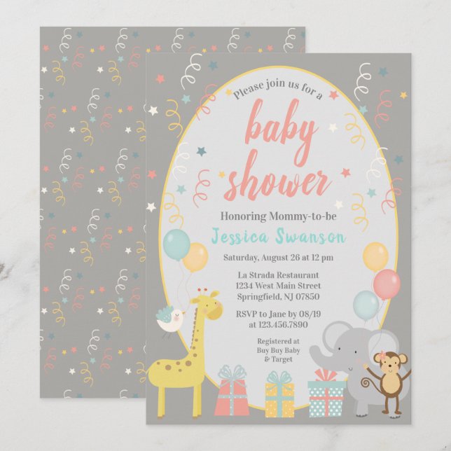 Animaux de fête mignons Invitation Baby shower - R (Devant / Derrière)