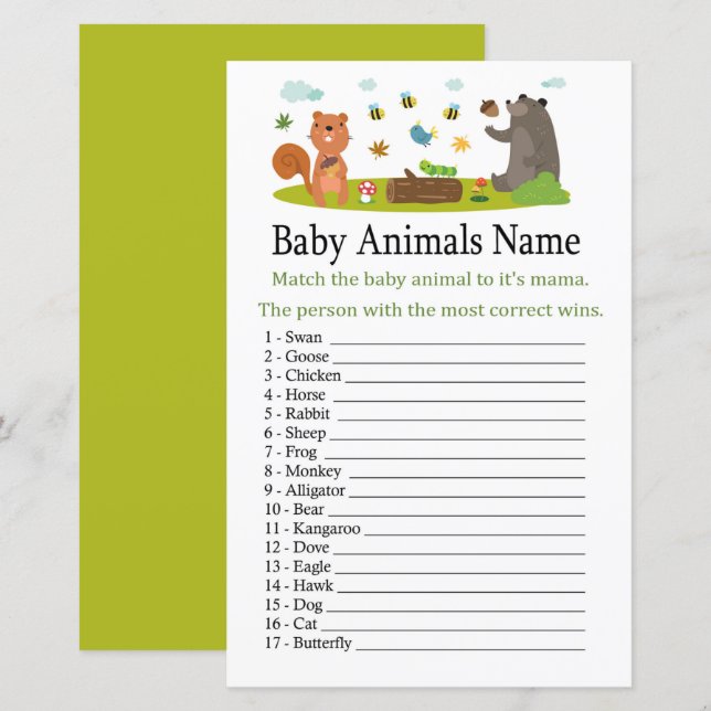 Animaux de forêt Bébé Animaux Nom Jeu (Devant / Derrière)