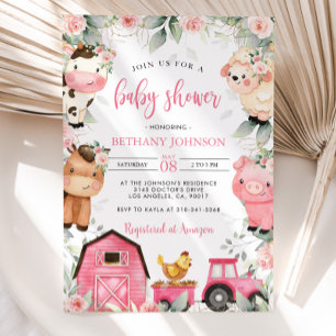 Animaux de la ferme rose florale Invitation Baby s