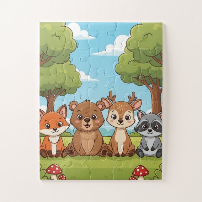 Animaux de la forêt Enfants Puzzle | Renard Ours C (Vertical)