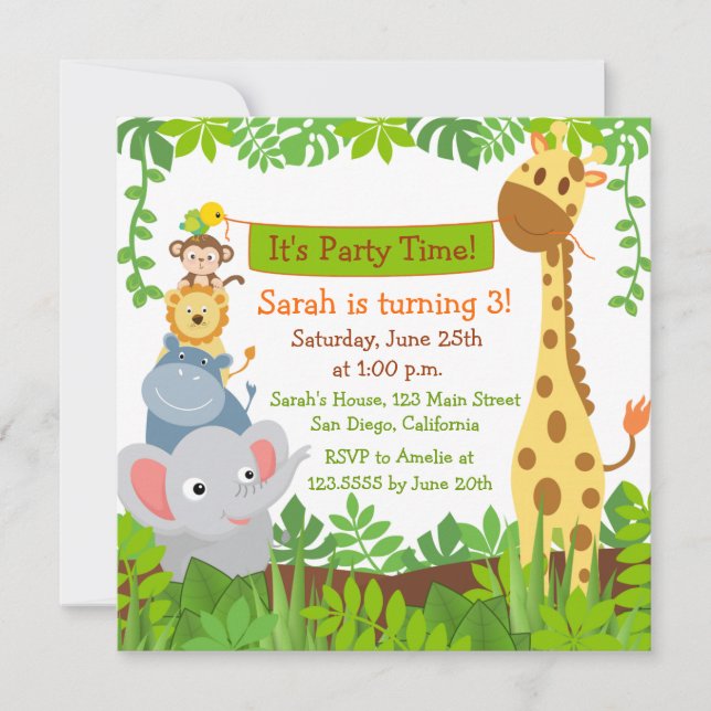 Animaux de la jungle amusants Invitations de fête  (Devant)