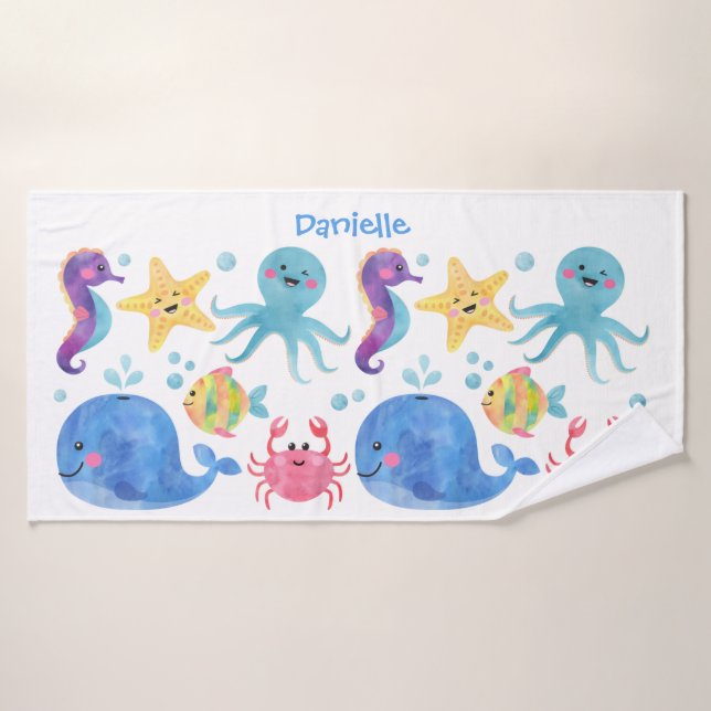 animaux de mer, aquarelle animaux de mer, enfants  (Serviette de bain)
