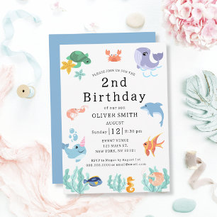 Animaux de mer Enfants 2e anniversaire Invitation