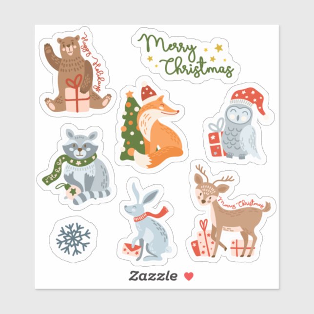 Animaux de Noël planche de 8 autocollants (Feuille)