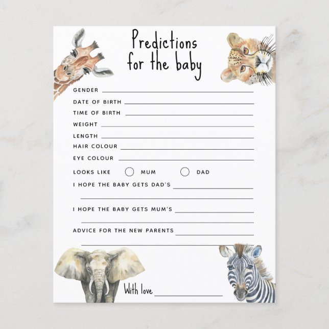Animaux de safari - prédictions et conseils bébé (Devant)