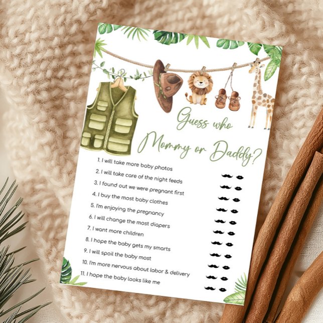 Animaux de Safari Tropicaux Devinez qui est Maman  (Clothesline Safari Baby Shower Guess Who Mommy or Daddy Game)