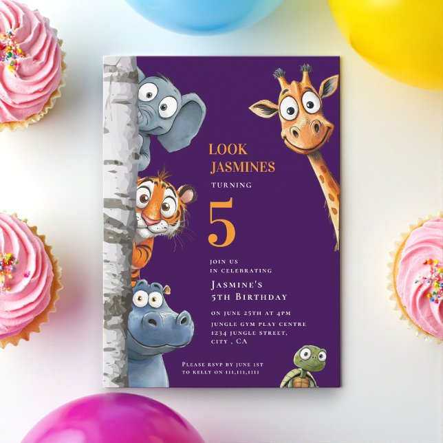 Animaux de zoo en jeu Faire-part de fête rose (Créateur téléchargé)