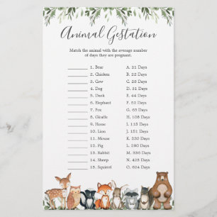 Animaux des bois Baby shower Animal Gestation jeu