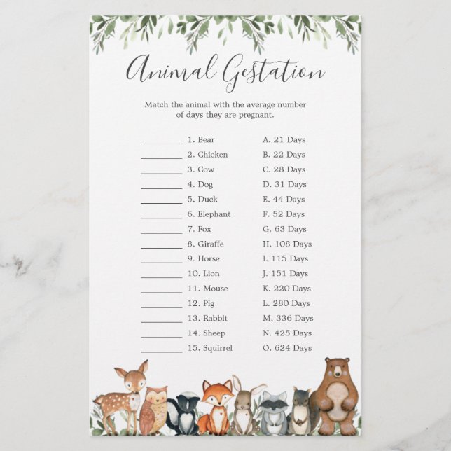 Animaux des bois Baby shower Animal Gestation jeu (Devant)