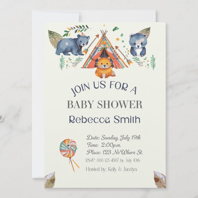 Animaux des bois Baby shower Boho Invitation (Devant)