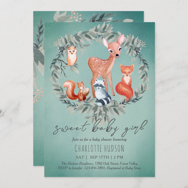 Animaux des bois Baby shower Invitation fille (Devant / Derrière)