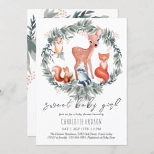 Animaux des bois Baby shower Invitation fille