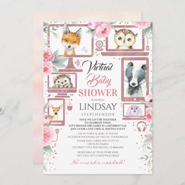 Animaux des bois Invitation au Baby shower virtuel (Devant / Derrière)