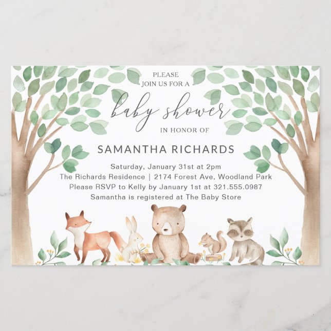 Animaux des bois Invitation Baby shower budgétaire (Devant)