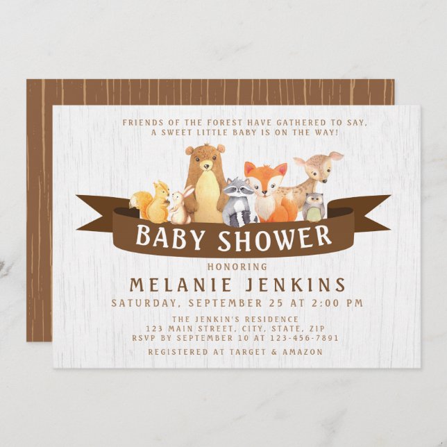 Animaux des bois Invitation Baby shower Neutre (Devant / Derrière)