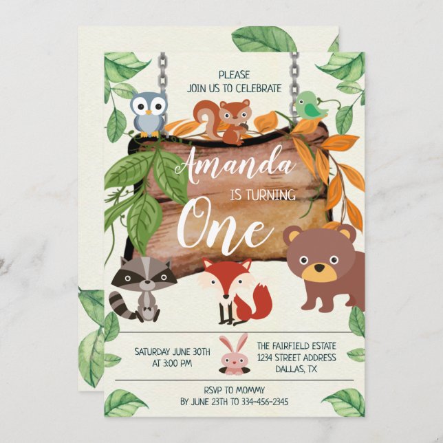 Animaux des bois Invitation d'anniversaire (Devant / Derrière)