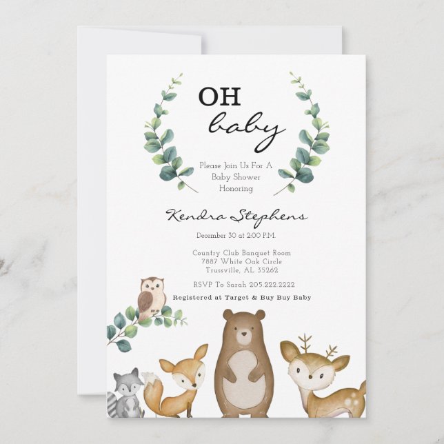 Animaux des bois Invitation minimale au Baby showe (Devant)