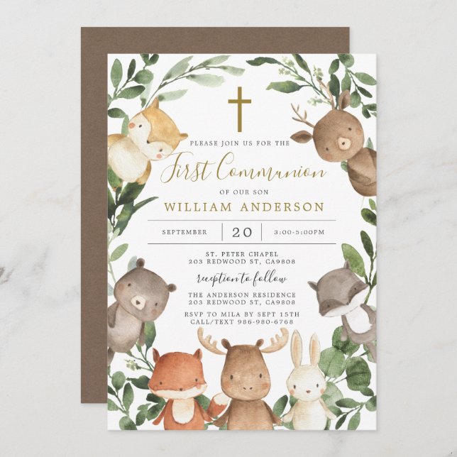 Animaux des bois Première communion Invitation (Devant / Derrière)