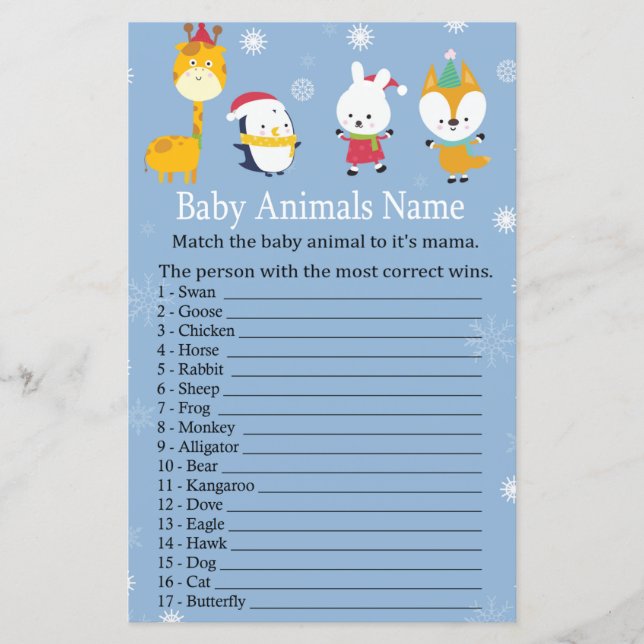 Animaux d'hiver Bébé Animaux Nom baby shower de je (Devant)