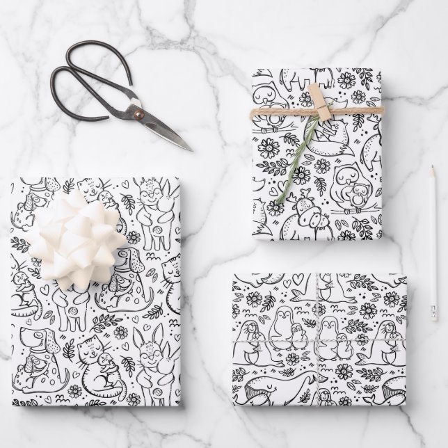 Animaux Hugs Love Wrapper Papier Set de 3 (Recto)