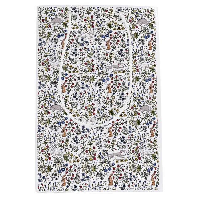 Animaux médiévaux mille fleurs blanc sac cadeau (Devant)