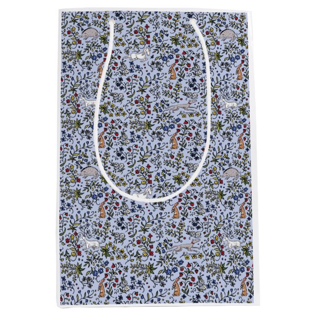Animaux médiévaux mille fleurs sac cadeau bleu (Devant)